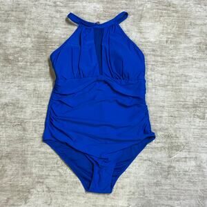 Tempt Me Women’s XL Blue Swimsuit One Piece Mesh High Neck Ruched New Resort New